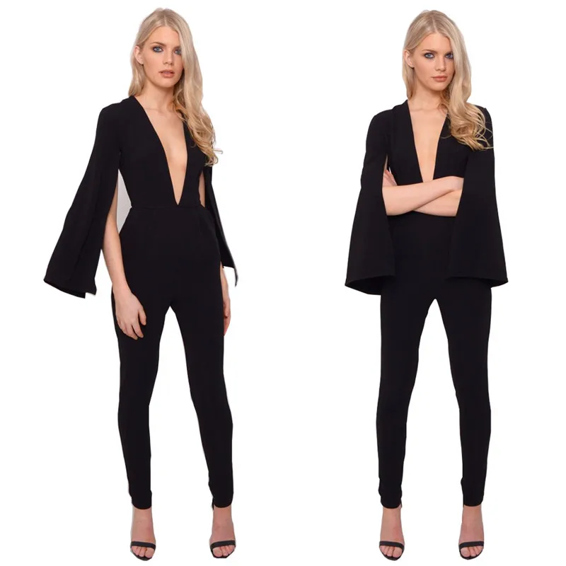 

Sexy Women Bodysuit Plunge V Neckline Black Long Open Sleeve Pants Playsuit Jumpsuit Overalls Enteritos Mujer Club Party Wear