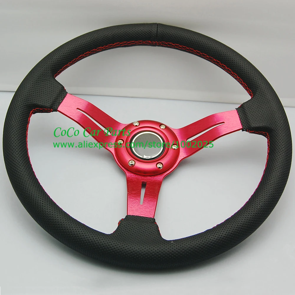 Red Arm Leather Car Steering Wheel 350mm Drifting Steering Wheel