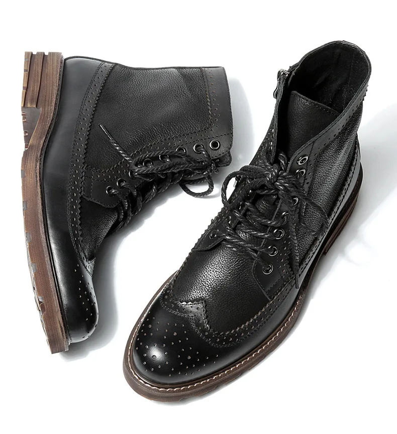 US6-10 мужские ботинки с перфорацией типа «броги» в британском стиле из натуральной кожи на шнуровке; повседневные зимние ботинки на меху с перфорацией