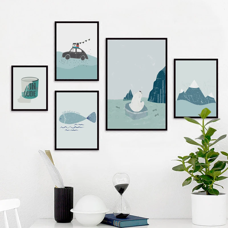 

Nordic Simple Kawaii Little Arctic Bears and Fish A4 Canvas Painting Art Print Poster Picture Home Wall Decor Mural