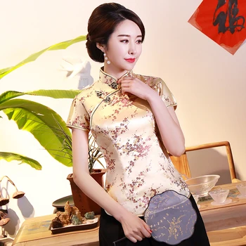 

Gold Women Flower Shirt Vintage Short Sleeve Slim Blouse Traditional Clothing Classic Satin Tops Stage How Clothes Plus Size 4XL