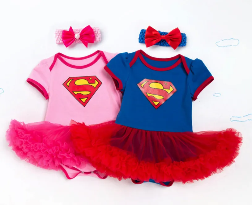 

New Arrival Baby Girls Superman Print Rompers and Bow Headband Clothes Set Fashion Kids Short Sleeve Rompers Tutu Dresses Sets