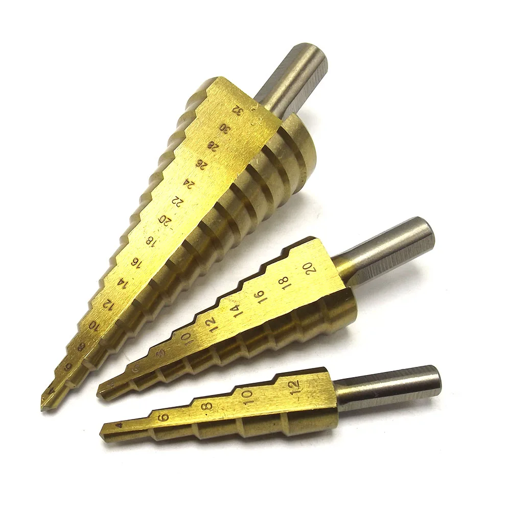 

3PCS Professional Pagoda Drill Bit Quality Perforator HSS Titanium Coated Straight Flute Stepped Drill Bits 4-32mm 4-20mm 4-12mm