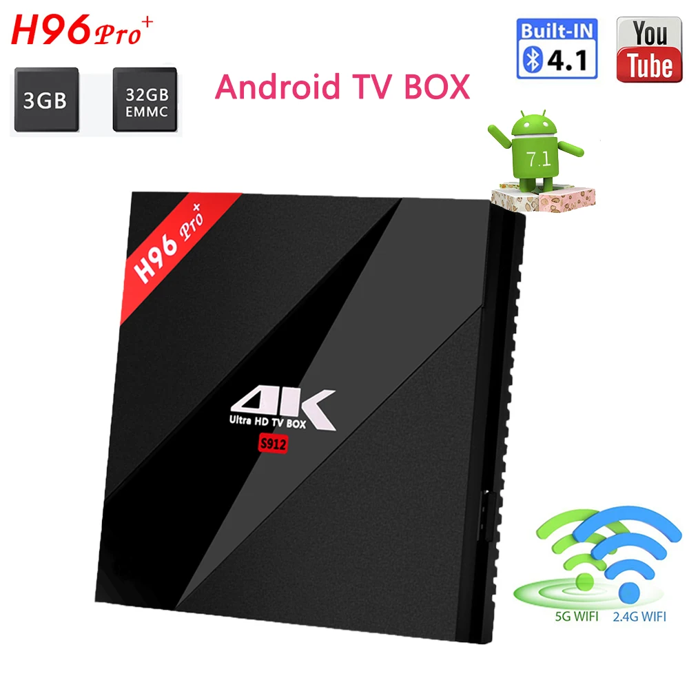 

2pcs + H96 Pro plus Android 7.1 Smart TV Box Amlogic S912 Octa Core 3G 32G BT 4.1 H96 PRO+ 2.4G/5.8G WiFi H.265 4K media Player
