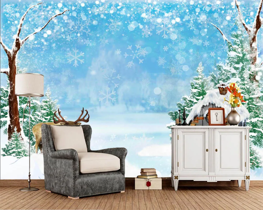 

papel de parede Winter Houses Deer Snow cartoon 3d wallpaper murals,living room TV sofa wall kids' room wall papers home decor