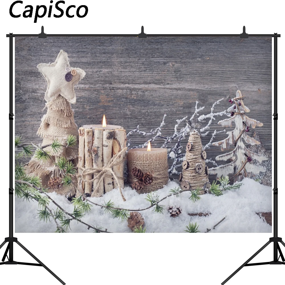 

Фон для фотосъемки с изображением деревянной доски снега сосны свечи рождества