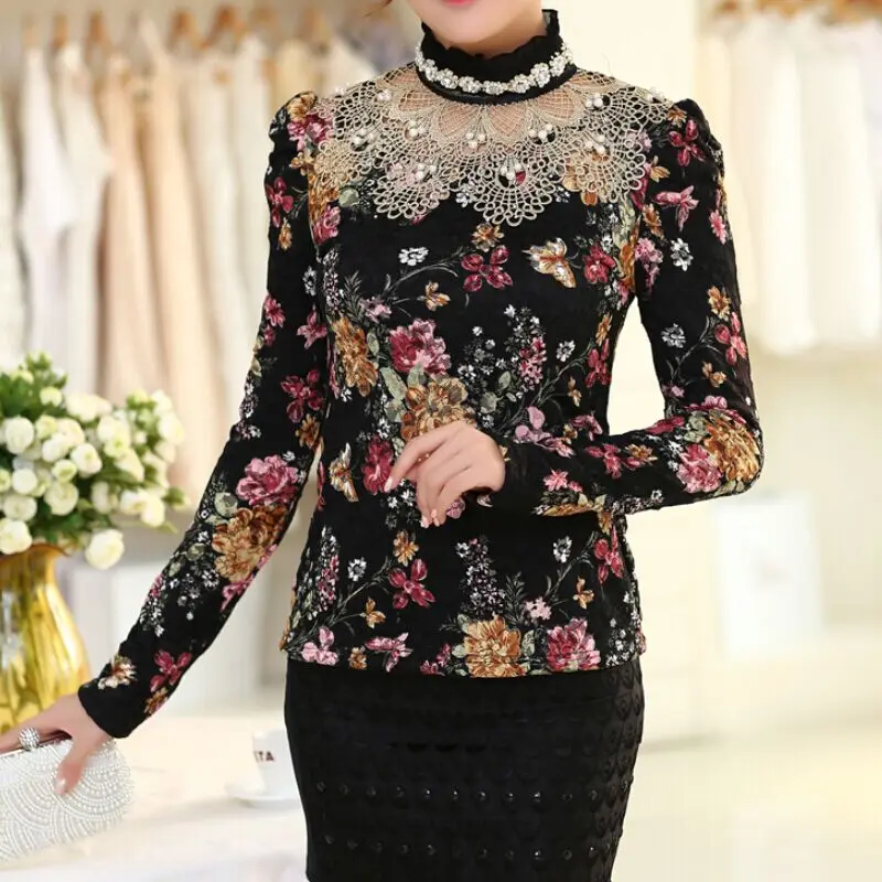 Blusa de encaje alta costura de Otoño 2017, Camisas de mujer de manga de Cachemira con forro interior gruesas y cálidas, camisas elegantes belleza para mujer|lace blouse|female shirtslong