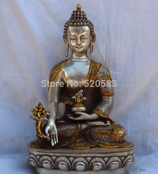 

free 13"Tibet Tibetan Gilt Silver Dragon Robe Bhaishajyaguru Medicine Buddha Statue fast