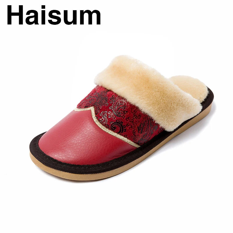 

Women's Slippers Winter Pu Leather Embroidered Thick Plush Home Indoor Non-slip Warm Slippers 2018 New Hot Sale tb023