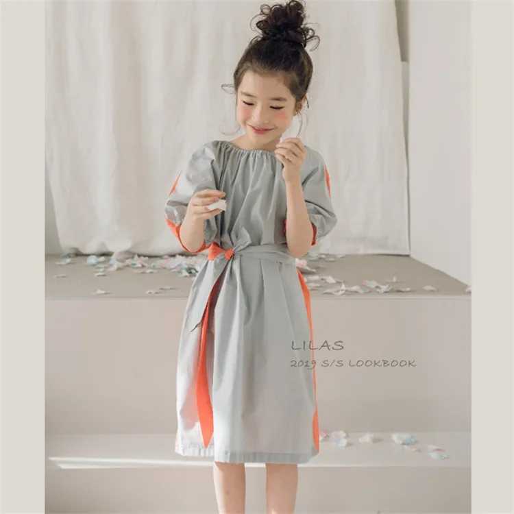 Мода платье принцессы для девочек; хлопковый пояс; платье для девочек-подростков Летняя обувь в мозаичном стиле с короткими рукавами платья детская одежда 4-15Years