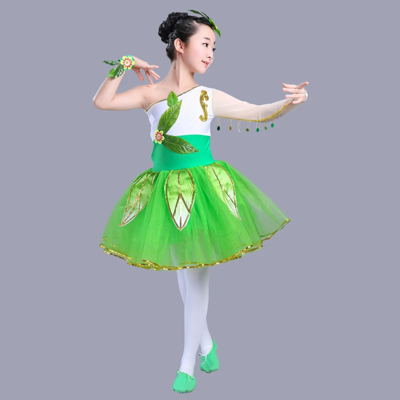 Детские зеленые трава и листья Жасмин танцевальные костюмы маленькие лепестки Лотуса для девочек сценические костюмы