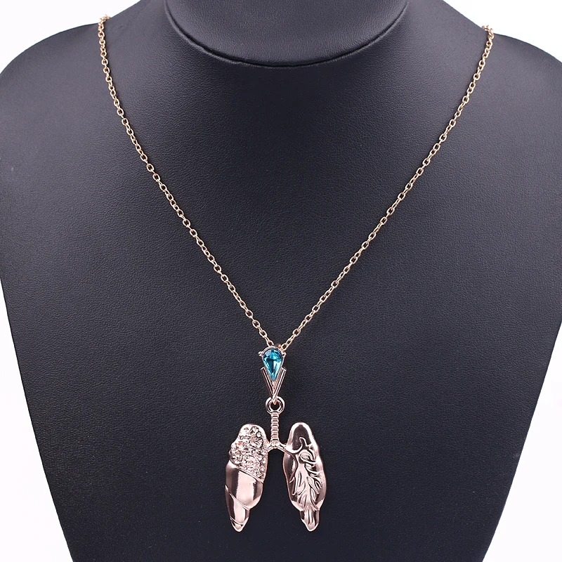 

Wholesale 20pcs Rose Gold Color Organ Lung Shape Pendant Necklace with Blue Crystal Medical Jewelry Gifts for Doctors Nurse