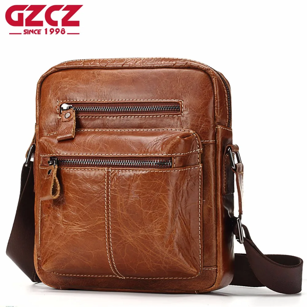 

GZCZ Genuine Leather Mens Bags Male Crossbody Bags Small Flap Casual Messenger Bag Men's Shoulder Bag genuine leather Skin 2018