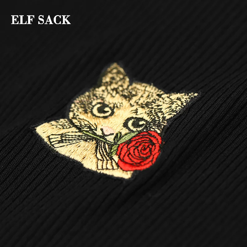 ELF SACK 2019 Skinny Woman Sweater Casual Hand Knitted O-Neck Short Women Pullovers Cat Print Streetwear Female Sweater