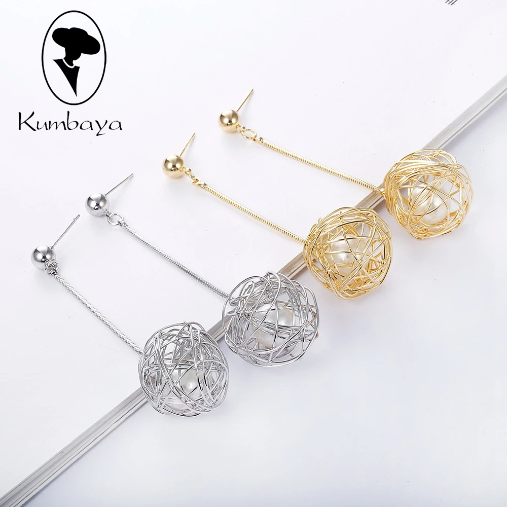 Free Shipping White & Gold Metal Twining Ball Drop Earrings Women