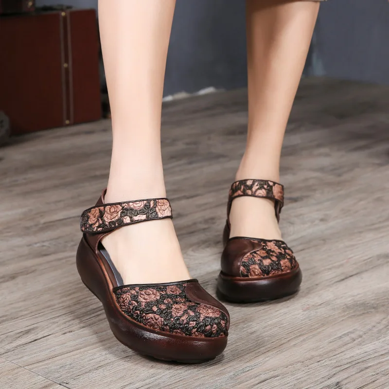 

Tyawkiho Genuine Leather Women Sandals Embroidery 6 CM High Heels Sandals Wedge Summer Shoes Retro Handmade Women Leather Shoes