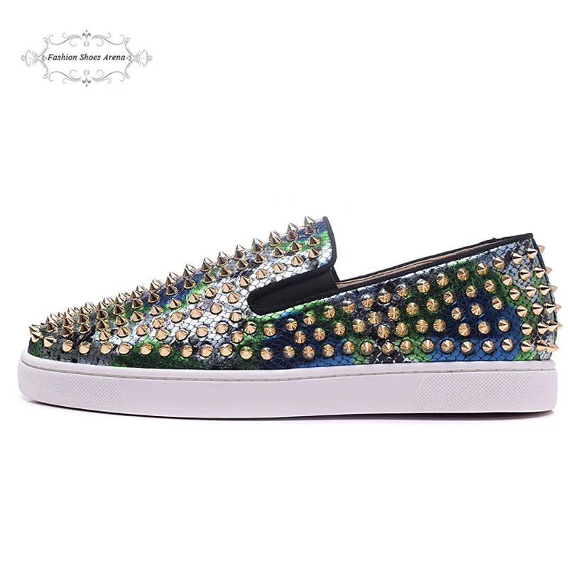 

New Arrive Men & Women Colorful Snake Leather With Gold Spikes Lop Top Slip On Red Bottom Casual Shoes, Unisex New Fashion Flats