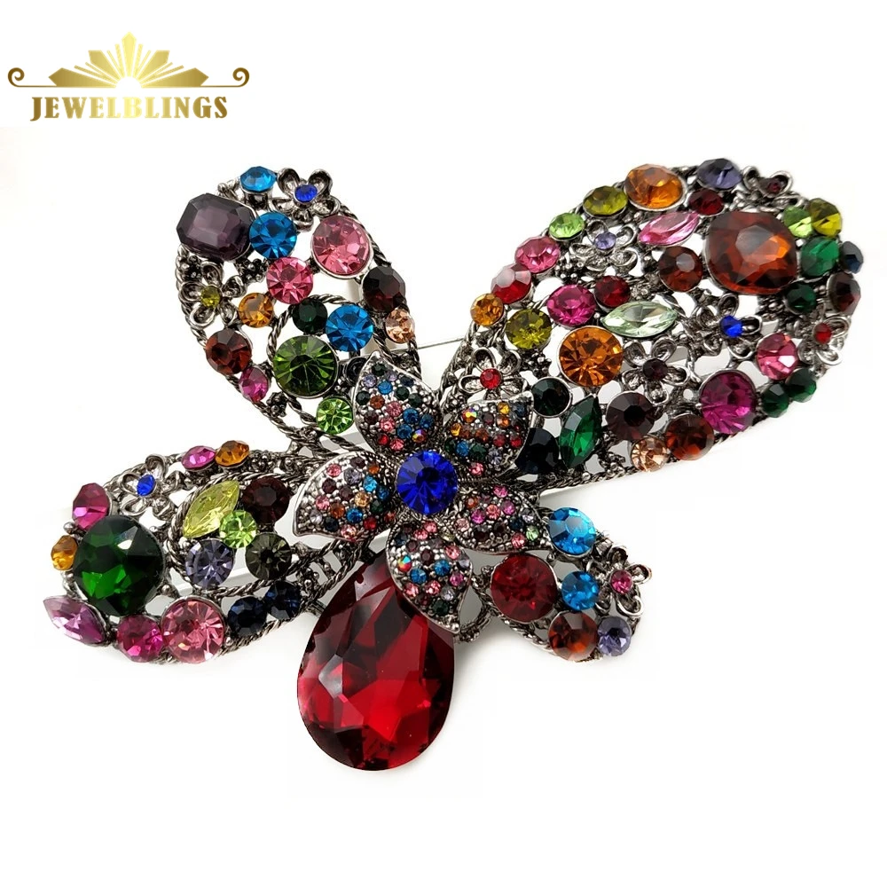 

Retro Antique Large Statement Five Asymmetry Petal Flower Brooch Silver Tone Double Layered Colorful Crystal Oversize Flower Pin