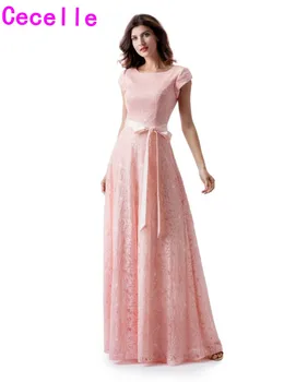 

Coral Lace A-line Long Modest Bridesmaid Dresses With Cap Sleeves Jewel Neck Floor Length Women Formal Maids of Honor Dress