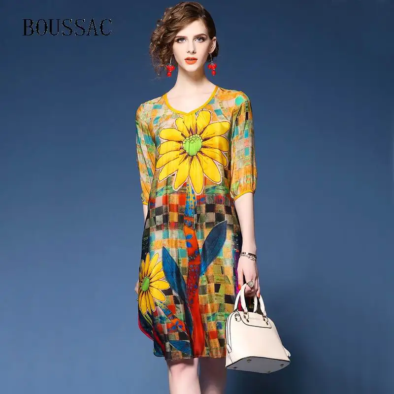 

2018 Summer New Bright Yellow Sunflower Print vestido Thin Silk Dress Female Summer Loose Round Neck Plus Size S~2XL Dresses