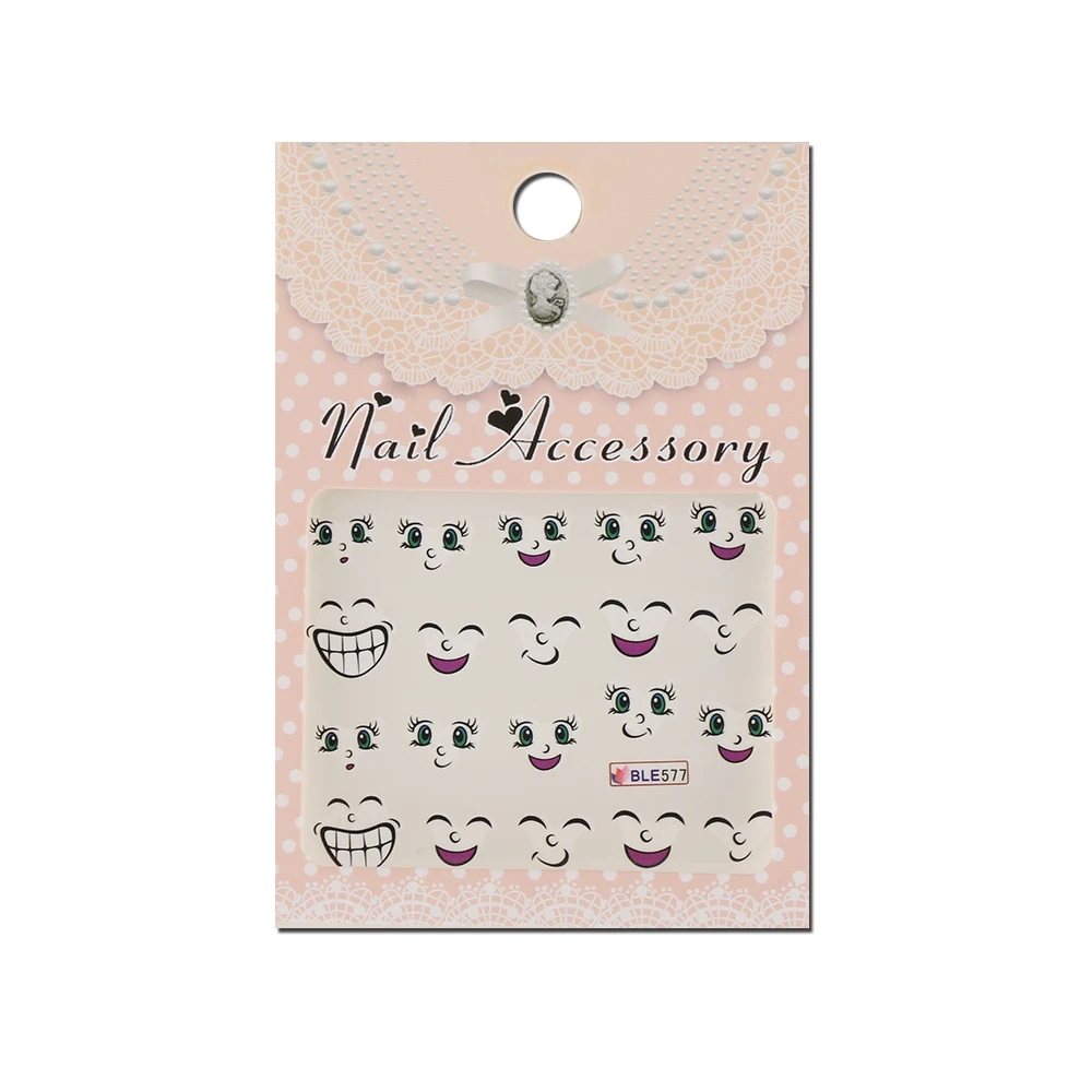 2 Sheets 3D Smile Face Nail Art Sticker Yellow Black Adhesive DIY Stamping Decorations Nails Beauty Manicure Tools