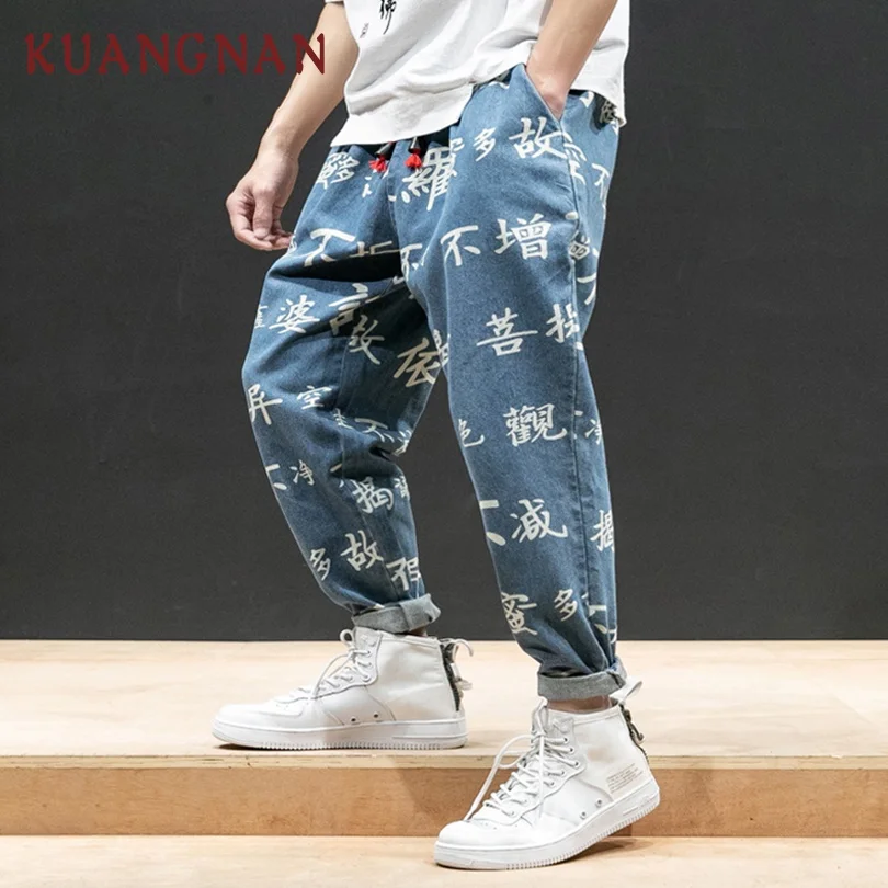 

KUANGNAN Chinese Character Print Denim Pants Men Jogger Japanese Streetwear Joggers Men Pants Hip Hop Trousers Men Pants 2019