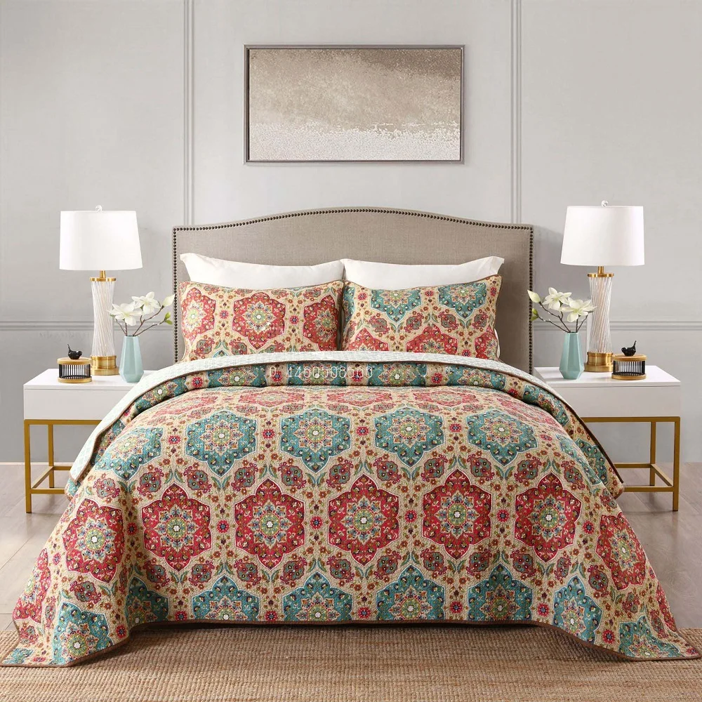 cheap CHAUSUB New Quality Quilt Set 3PCS Printed Washed Cotton Quilts quilted Bedspread Bed Cover Pillowcase King Size Coverlet Set