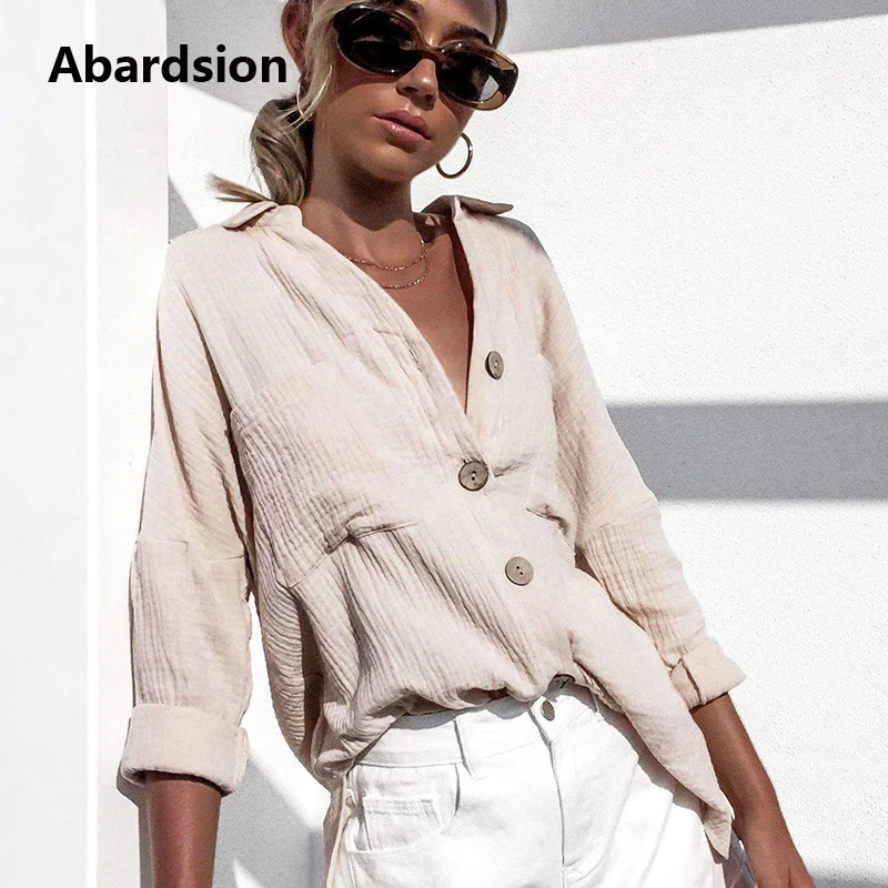 

Abardsion Cotton Linen Elegant Blouse Woman Casual Button Down Shirt Lone Sleeve Front Pockets Autumn Womens Tops And Blouses