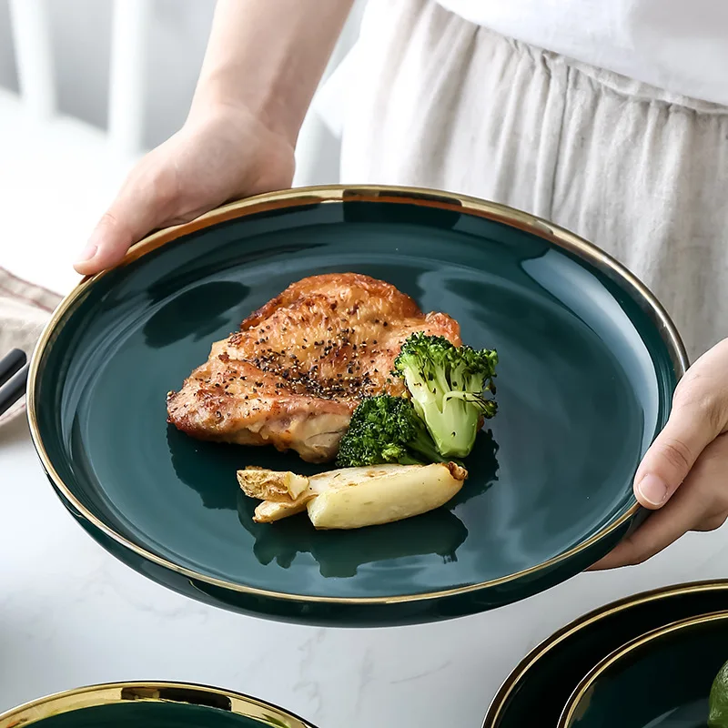 Роскошные тарелки и миски блюдо обеденная ложка набор с Глод обода керамический салат Ramen миска ГЛУБОКАЯ ТАРЕЛКА посуда зеленая столовая посуда