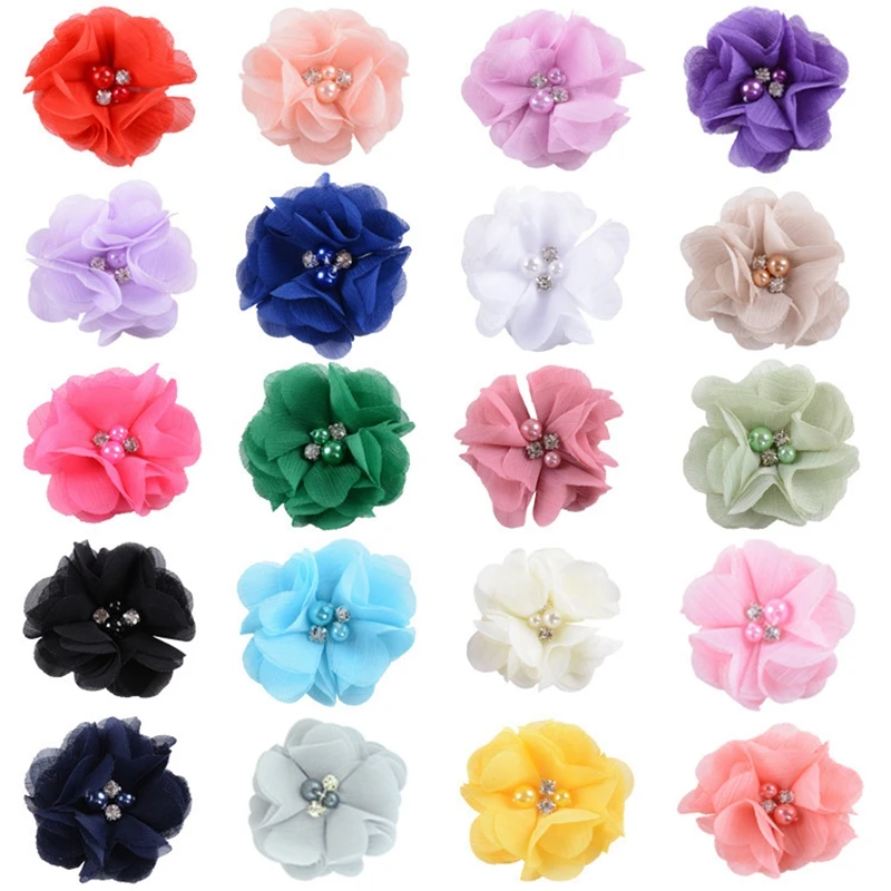 

2.2" 20pcs/lot Chiffon Fabric Flowers with Pearl Rhinestone for Baby Women Headband Hair Clips Diy Headwear Hair Accessories