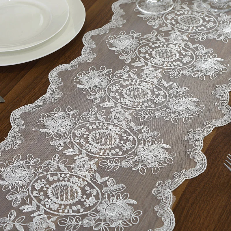 Embroidered Lace Table Runner TV Bench Stand End Table Cover Decoration 30cm x 70 90 120 150 180 210 250 280cm White Champagne Embroidered Lace Table Runner TV Bench Stand End Table Cover Decoration 30cm x 70 90 120 150 180 210 250 280cm White Champagne