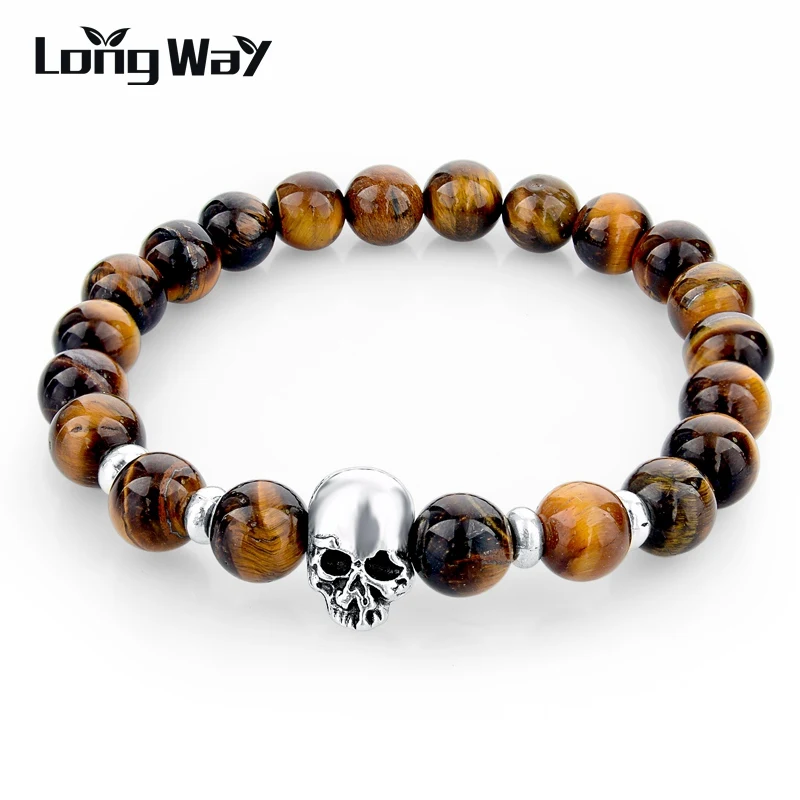 Handmade Tiger Eye Natural Stone Skull Bracelets & Bangles Black Lava Beads Bracelets For Women Men Jewelry 2016 SBR150265