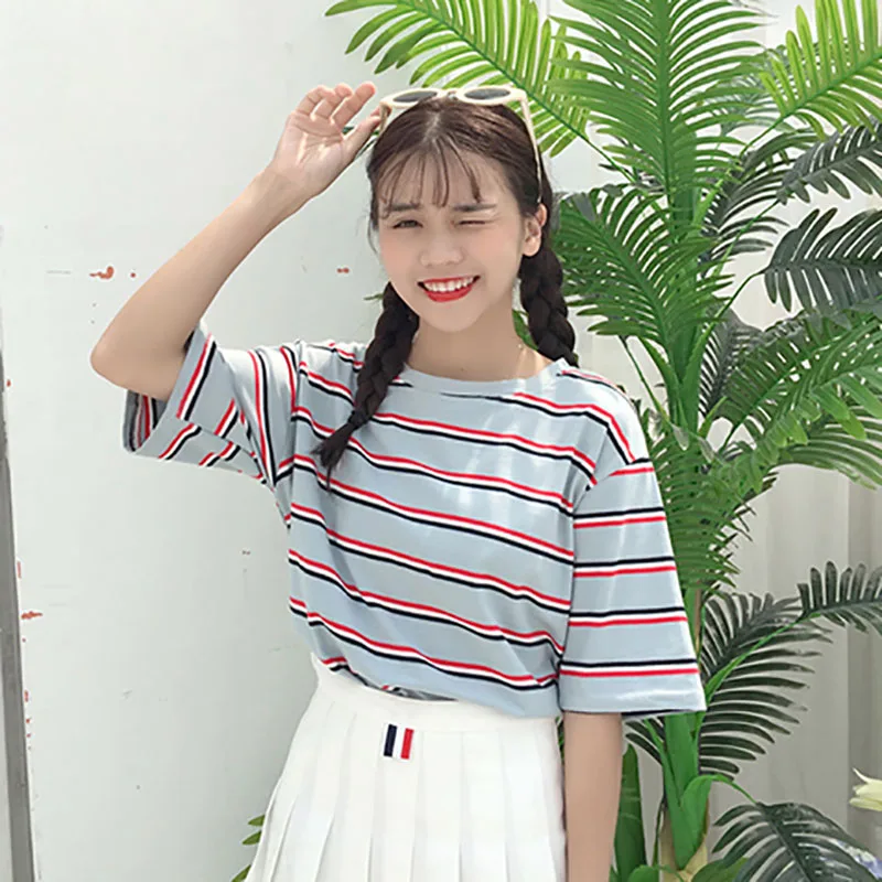 Ulzzang Harajuku ретро полосатая розовая футболка школьницы летние топы 2019 преппи милый