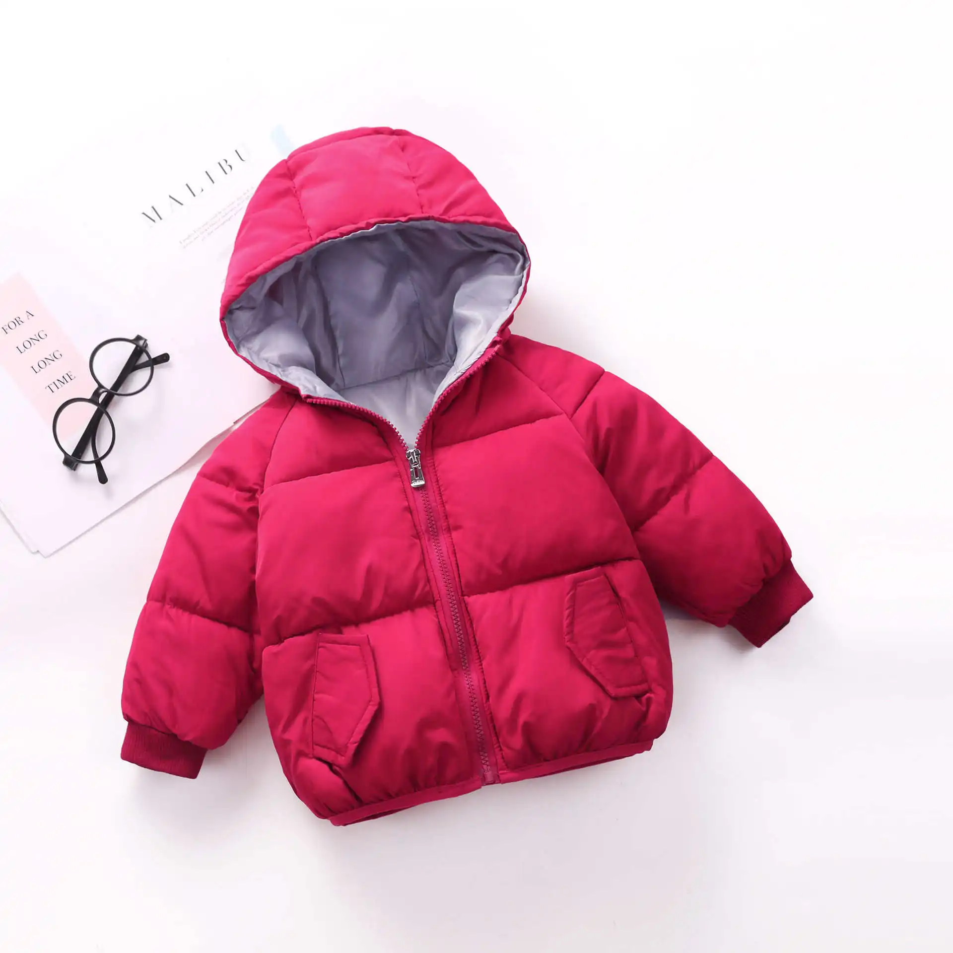 BibiCola/Детская куртка зима г. Модная одежда с капюшоном для мальчиков и девочек Детские Плотные хлопковые пальто детские повседневные теплые куртки - Цвет: rose red