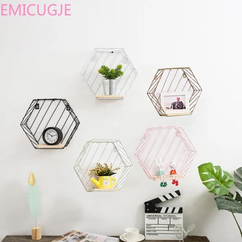 

Hanging Type Home Organizer Shelf Holder Decoration Tool Etagere Wood Iron Art Hexagon Nordic Modern Style Storage Rack