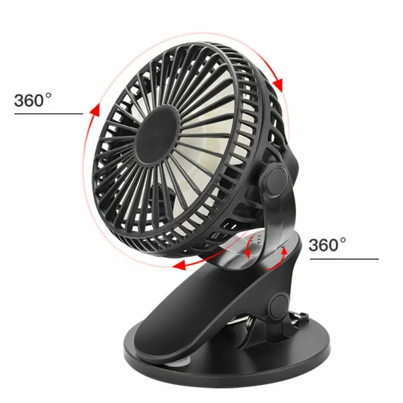 New USB Fan Desk 360-Degree Rotation Adjustable Rechargeable 3 Speed Clip On Mini Desk Pram-Cot For