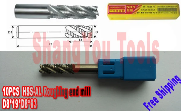 

10pcs 8mm High quality 4Flutes HSS Roughing End Mills endmill Spiral Bit Milling Tools Router bits D8*22*D8*66