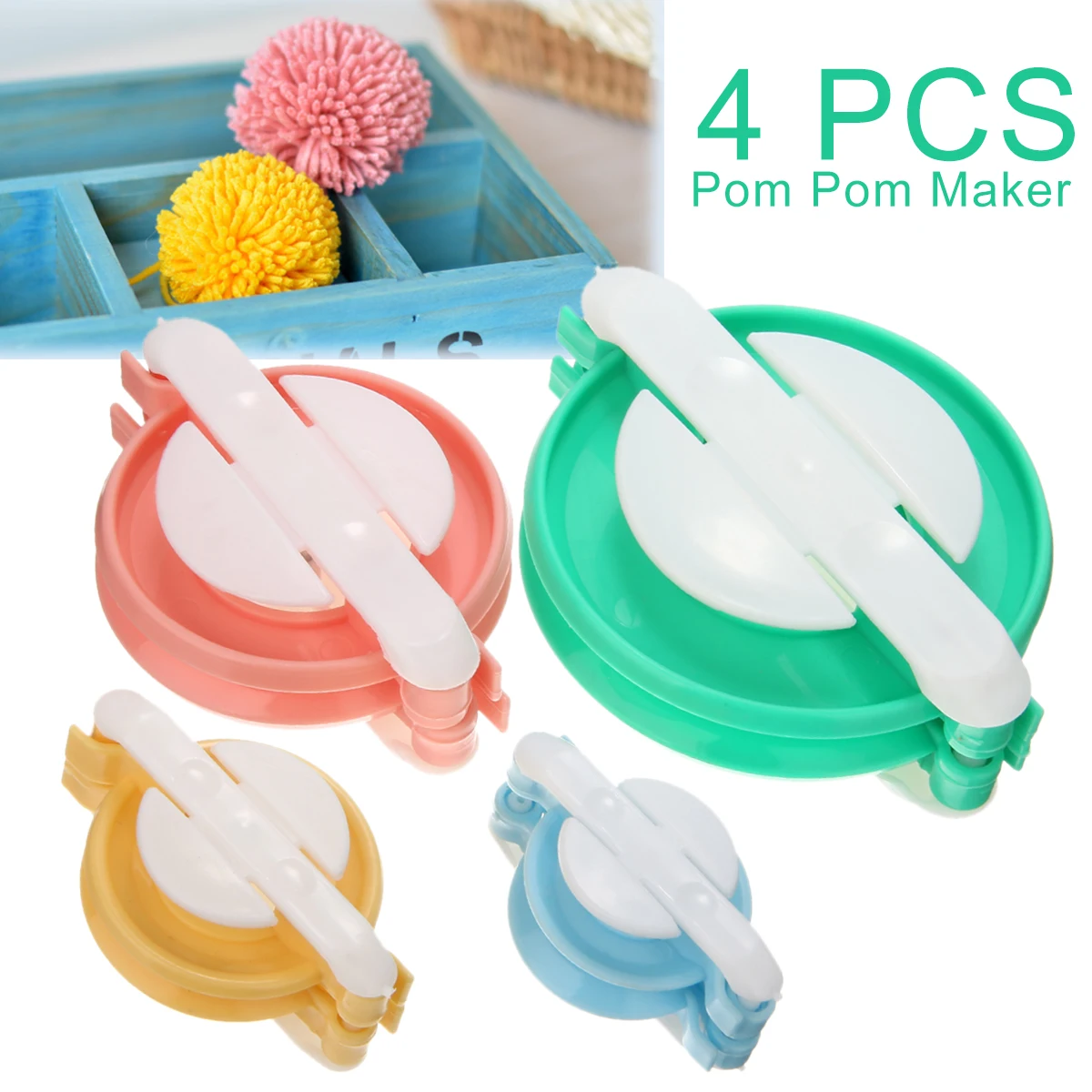 

4pcs 4 Sizes Pom Pom Maker Kit DIY Plastic Fluff Ball Weaver Needle Knit Craft Pompon Tool Knitting Tool Sewing Color Random