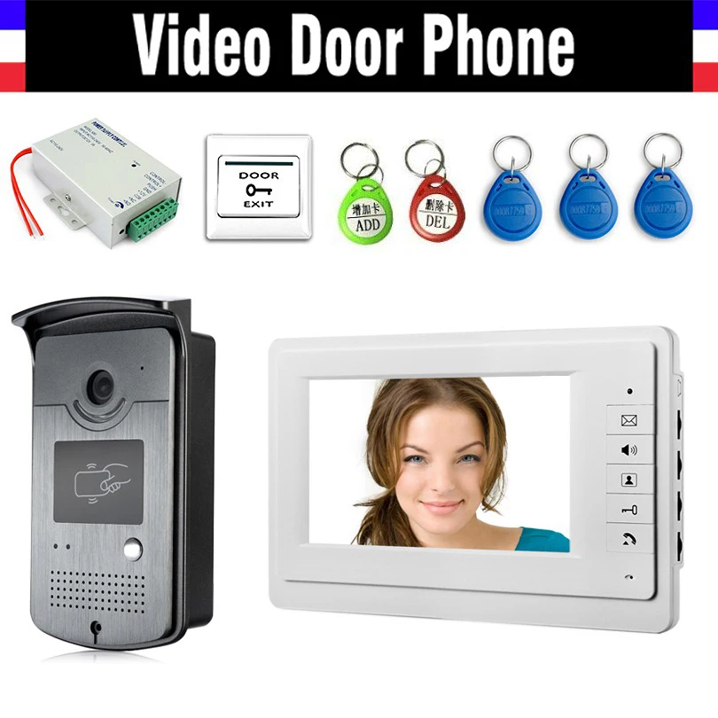 7 "экран видео дверные звонки домофон системы 5 шт. RFID брелок + ИК Ночное Видение камера Питание выход
