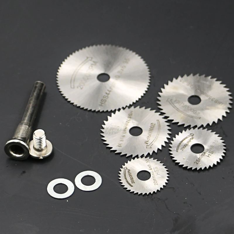 

Drill 6pc 1/8" Shank High Speed Steel Mini Saw Blades Rotating Steel Pole Wheel Disc Chucks for Dremel Tools Wood Cutting Saw