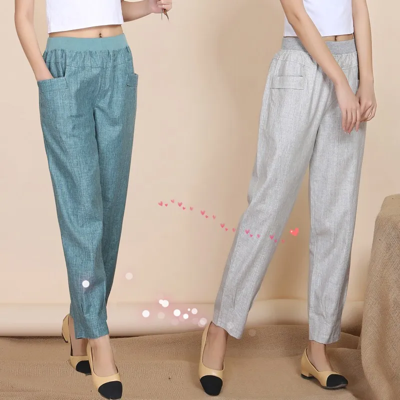 

spring Harem Pants Women Elastic Waist Loose Cotton Linen Solid Nine Pants Plus Size Pockets Casual All-match Trousers