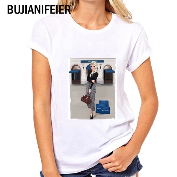 

BUJIANIFEIER 2019 NEW fashion Harajuku girl White T-Shirt Women summer Short Sleeve Cartoon Ice prince Print Slim T-Shirt BJN333