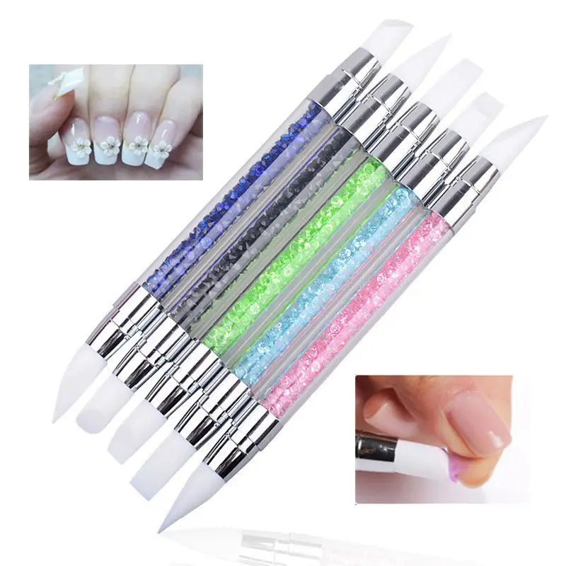 1 PCS 2-Way Use Silicone Head Nail Art Brush Rhinestone Acrylic Handle Dual-end Sculpture Pens for Emboss Carving Manicure Tools