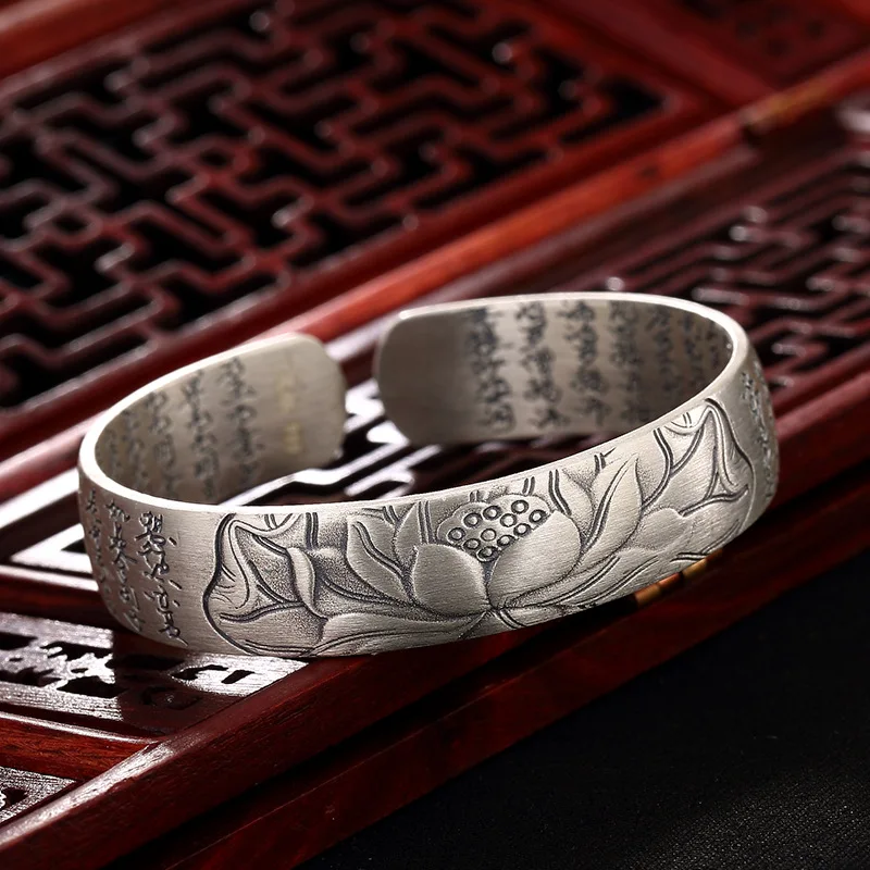 New arrival Buddhist Sutra open cuff bangle silver Hand Stamped