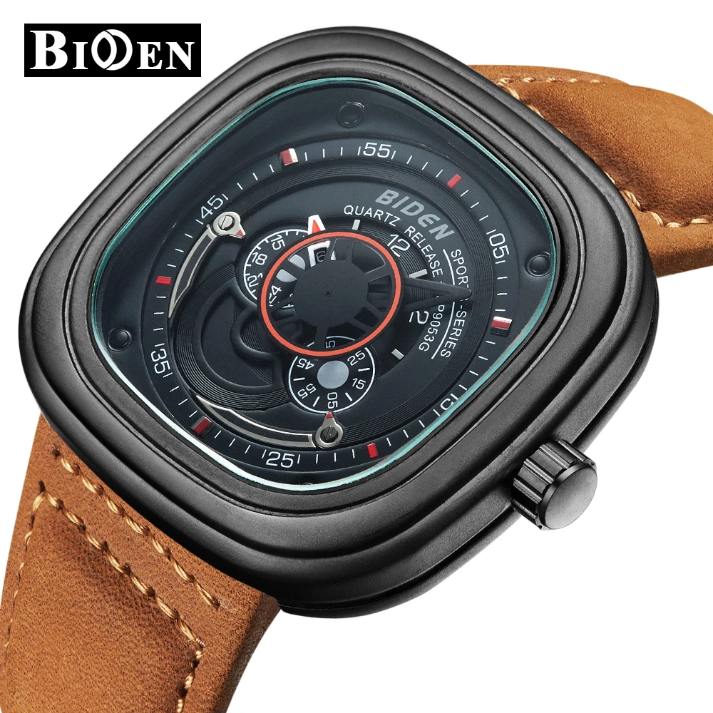  Top Brand BIDEN Men Watches Luxury Quartz Analog Leather Turbine Clock Wristwatches Mens Waterproof