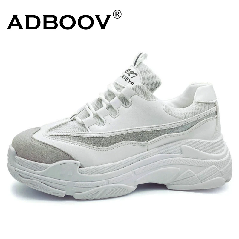 

ADBOOV Plus Size 35-43 Platform Shoes Women Fashion Glitter Sneakers Women Thick Sole Chunky Shoes PU Leather Upper Dad Shoes