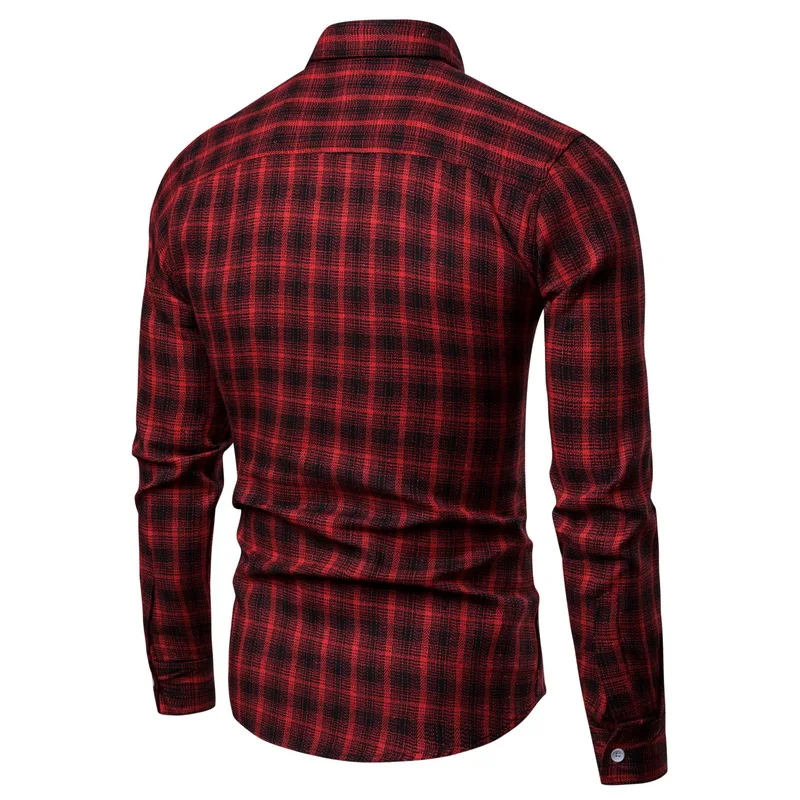 Drop Shipping Men Plaid Shirt Long Sleeve Flannel Shirts 2019 Fashion Casual Checkered Man Clothes Cotton Chemise Homme Red
