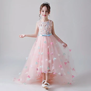 

2019 Children Appliques Butterfly Prom Gown Teen Girl Lace Mesh Princess Party Dress Kids Girl Bow Formal Trailing Dress Q485
