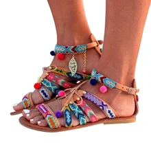 Летние Женские сандалии в богемном стиле Гладиатор кожаные сандалии обувь на плоской подошве помпонами Сандалии для девочек Винтаж женская обувь пляжные Sapato# 2d