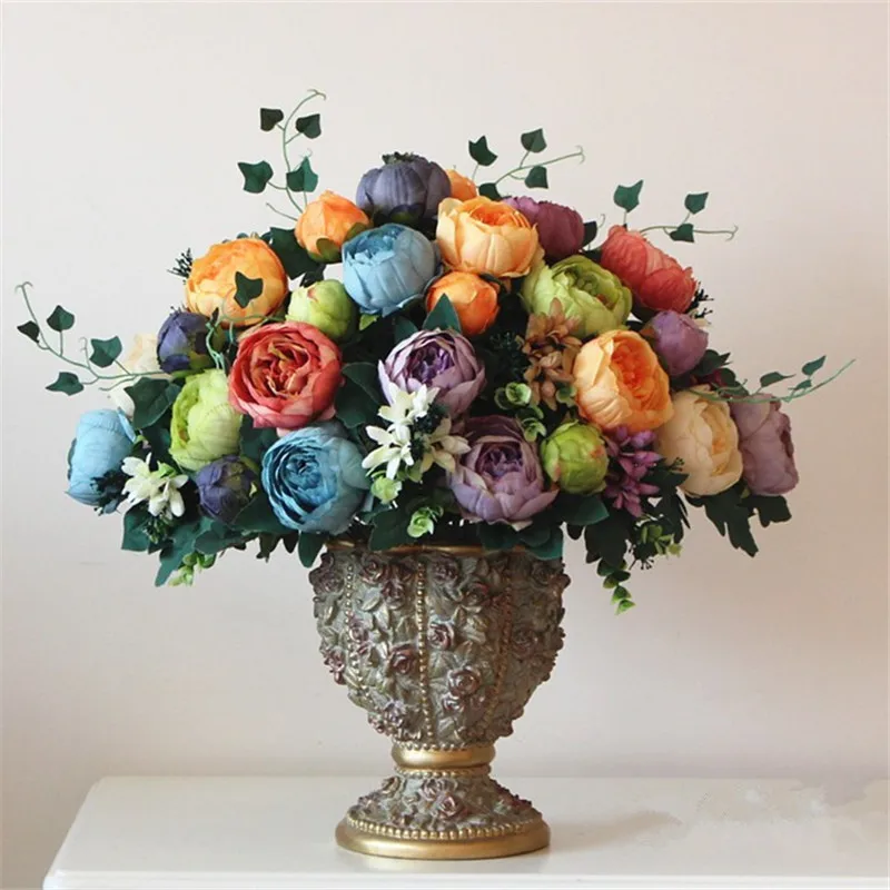 Hight Quality 12 Flower Heads Silk Flower European 1 Bouquet Artificial Flowers Cheap Vivid